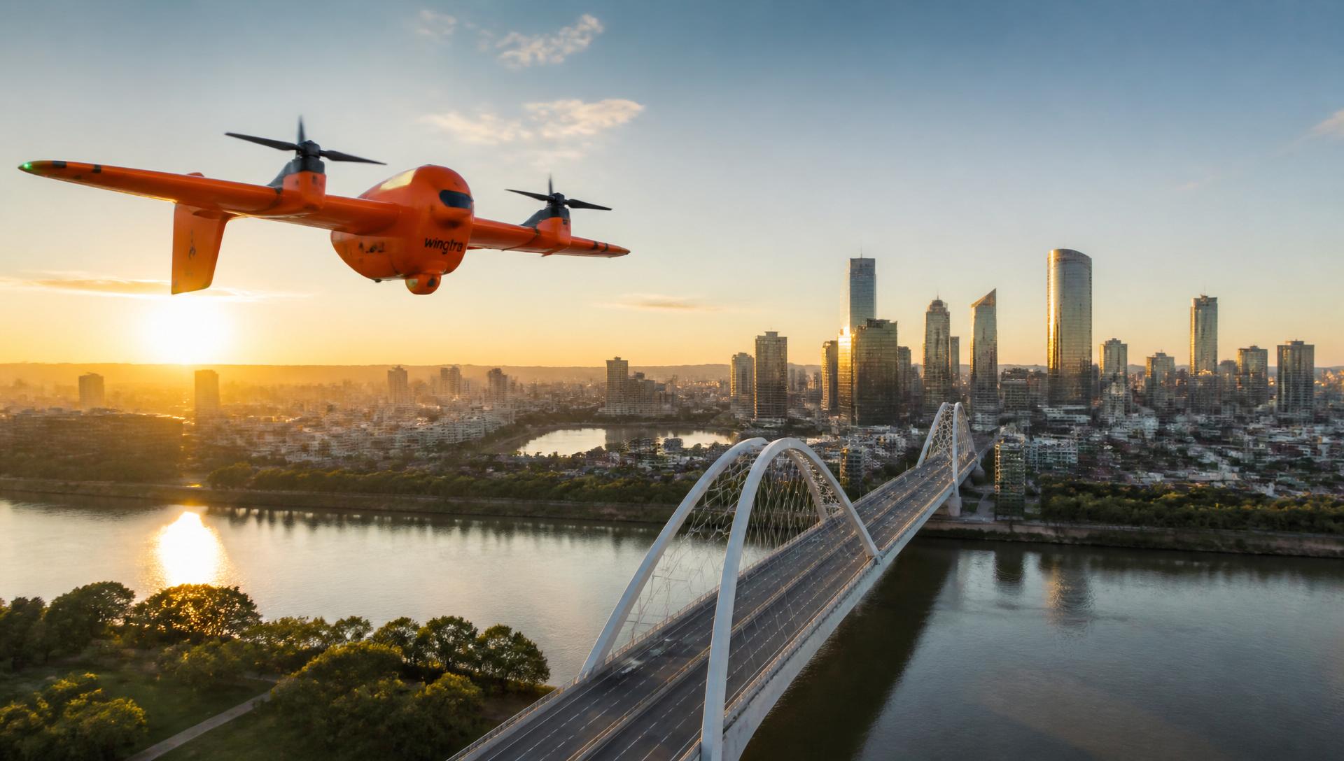 Wingtra fixed-wing drone flying over urban infrastructure